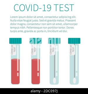 Test COVID-19. Provette con campione di sangue. Concetto di Coronavirus test rapido. Ricerca e diagnosi di laboratorio. Illustrazione vettoriale in stile piatto. Banner Illustrazione Vettoriale