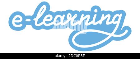E-learning. Formazione, apprendimento, corsi, concetto di istruzione. Logo, badge, poster, modello di banner. Illustrazione calligraphy di scrittura. eps vettoriale Illustrazione Vettoriale