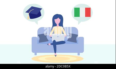 Online Italian Learning, concetto di formazione a distanza. Formazione e corsi di lingua. Studentessa studia lingue straniere su un sito web in un computer portatile Illustrazione Vettoriale