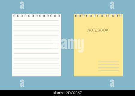 Blocco note giallo vuoto a spirale, notebook. Notebook chiuso e aperto. Icona vettoriale in uno stile piatto isolato su uno sfondo blu. Concetto di istruzione Illustrazione Vettoriale