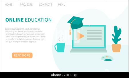 Concetto di progettazione piatta di formazione online, formazione e corsi, apprendimento, video tutorial. Webinar. Modello pagina di destinazione. Illustrazione vettoriale per il Web Illustrazione Vettoriale