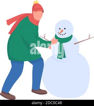 Uomo costruire pupazzo di neve piatto colore vettore carattere senza volto Illustrazione Vettoriale