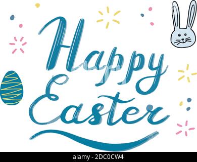 Buona Pasqua, calligrafia scritta, testo colorato su sfondo bianco. Slogan pasquali, uova, conigli, coniglietto. Modello per poster tipografico, banner Illustrazione Vettoriale