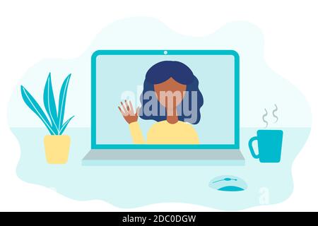 Riunione virtuale. Concetto di videoconferenza. Donna sullo schermo del computer che parla. Concetto vettoriale di comunicazione online in design piatto. Illustrazione Vettoriale