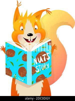Bambini Funny Squirrel leggere Libro su Noci Illustrazione Vettoriale