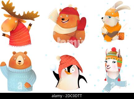 Animali Vacanze invernali indossare cappelli caldi in lana Illustrazione Vettoriale