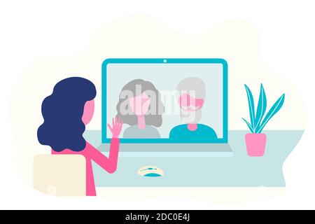 Videoconferenza. Genitori anziani, nonni, nonno, nonna sullo schermo del computer che parla, riunione virtuale. Vettore di comunicazione online Illustrazione Vettoriale