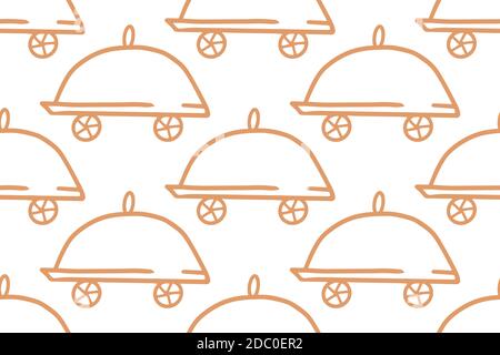 Concetto di consegna degli alimenti. Piatto arancione con ruote. Doodle illustrazioni vettoriali isolate su bianco. Ripetizione senza giunture. Illustrazione Vettoriale