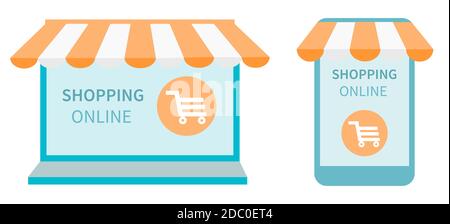 Acquisti online in un negozio online su computer portatile e sito Web, su smartphone e applicazioni mobili. Computer e telefono con tenda. Illustrazione vettoriale in Illustrazione Vettoriale