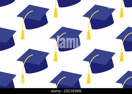 Education Cup. Cappello di laurea per studenti. Ripetizione vettoriale senza giunture in un design piatto isolato su sfondo bianco. Illustrazione Vettoriale