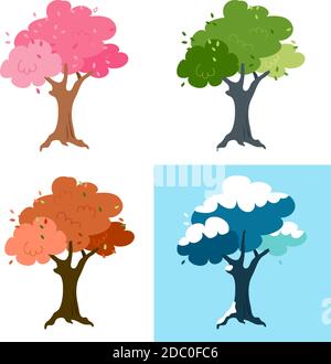 Un insieme di alberi in quattro stagioni. Apple e la stagione. Illustrazione Vettoriale