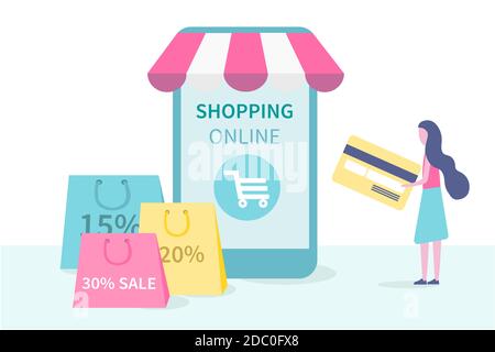 Acquisti online in un negozio online su smartphone e applicazioni mobili. Donna effettua acquisti in un negozio online. Vendita, telefono con tenda. Vettore Illustrazione Vettoriale