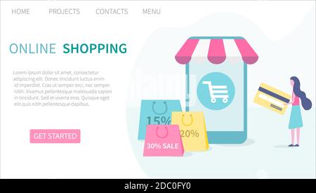 Acquisti online in un negozio online su smartphone e applicazioni mobili. Donna effettua acquisti in un negozio online. Modello sito Web della landing page Illustrazione Vettoriale