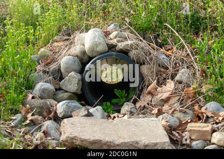 Guardando attraverso uno scarico francese con un tubo nero e. Grandi rocce che lo circondano Foto Stock