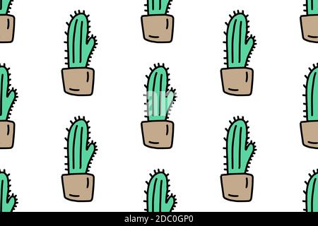 Cute cactus in vaso modello senza giunture. Pianta casa colorata in stile doodle. Per il tuo tessuto, il design tessile, la carta da imballaggio o la carta da parati. Illustrazione Vettoriale