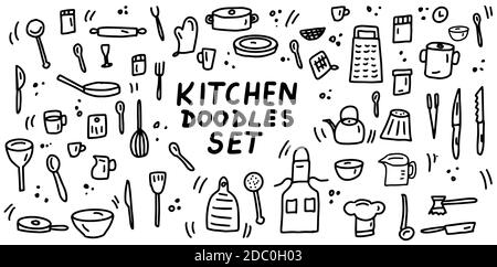 Set di icone di doodles da cucina. Linee disegnate a mano utensili e elettrodomestici da cucina, utensili da cucina, collezione di icone cartoni animati. Illustrazione vettoriale. Illustrazione Vettoriale