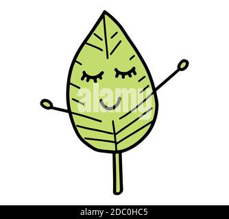 Partenza carina. Cartoon verde foglia giardino, caduta foglia e caduta foglie secche. Doodle foresta botanica pianta albero fogliame. Vettore isolato su bianco Illustrazione Vettoriale