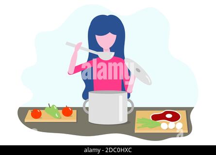 Donna che cucina in cucina. Illustrazione vettoriale nel concetto di design piatto di cucina, corsi di cucina, ristoranti, ricette di cucina. Illustrazione Vettoriale