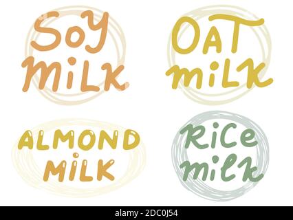 Latte di soia, mandorla, avena, riso. Set vettoriale o logo, etichette, badge, adesivi. Isolamento dell'illustrazione vettoriale su sfondo bianco. Biologico, ecologico, sano Illustrazione Vettoriale