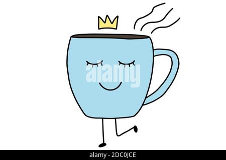 Carino cartone animato tazza di caffè. Divertente doodle Cup carattere isolato su sfondo bianco. Bevande, concetto di mattina e colazione. Illustrazione vettoriale. Illustrazione Vettoriale