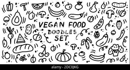 Collezione Vegan Food Doodle. Cibo vegetariano naturale sano, verdure e frutta. Set di icone cartoon con linee disegnate a mano. Per ristoranti, caffè, menu Illustrazione Vettoriale