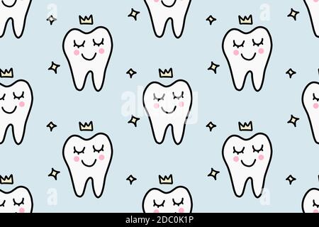 Carino dente cartone animato con una corona. Concetto di cura della cavità orale, odontoiatria. Doodle disegnato a mano motivo senza giunture isolato su sfondo bianco. Per Illustrazione Vettoriale