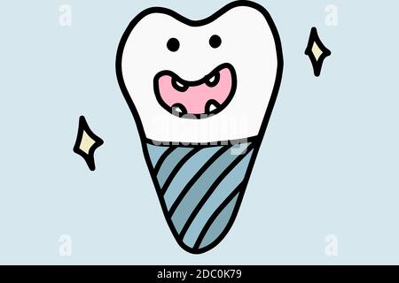 Carino cartone animato dente impianto dentale. Linea disegnata a mano art doodle illustrazione vettoriale isolata su sfondo bianco. Concetto di cura della cavità orale Illustrazione Vettoriale