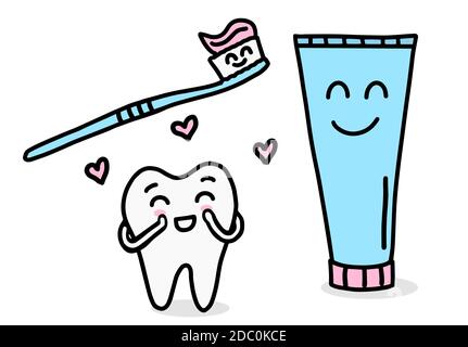 Carino dente, dentifricio e spazzolino da denti in stile Doodle. Pulizia dei denti, spazzolatura. Il concetto di cura della cavità orale, odontoiatria. Vettore Illustrazione Vettoriale