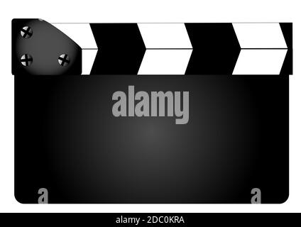 Un tipico film clapperboard con legenda non isolato su bianco. Foto Stock