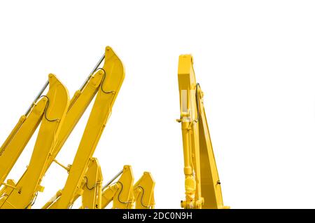 Giallo retroescavatore con pistone idraulico braccio isolato su bianco. Macchina pesante per lo scavo nel sito in costruzione. Macchine idrauliche. Enorme bulldozer. Egli Foto Stock