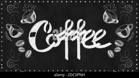 Scritta caffè su tavola di gesso illustrazione Foto Stock