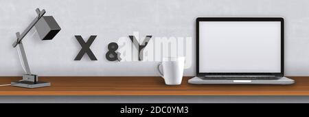 ambiente home office con lampada, computer portatile e caffè Foto Stock