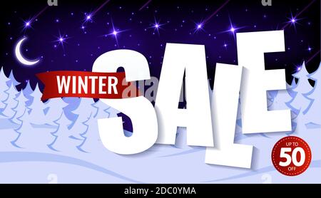 Paper Text, vendita invernale fino al 50%. Sullo sfondo della foresta innevata invernale. Banner di Natale per pubblicizzare il negozio. Immagine promozionale orizzontale vettoriale. Illustrazione Vettoriale