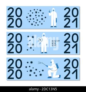 Serie vettoriale di poster orizzontali per il design di Capodanno 2021. Banner, volantino, carta a tema stagionale. Nessuna infezione, germi. Medico in abito bianco Illustrazione Vettoriale