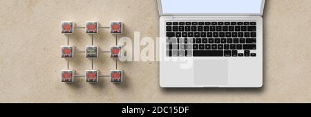 Cubo-griglia con messaggi ONLINE SHOPPING e i simboli del carrello della spesa su sfondo della carta Foto Stock