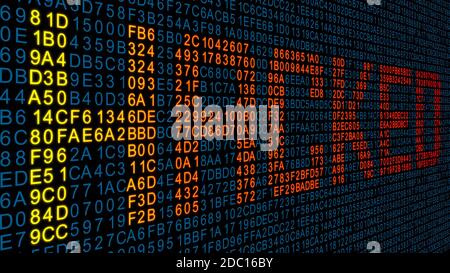 Concetto di sicurezza aziendale - caratteri HACKED alternati di colore da giallo ad arancione - evidenziati da una superficie con codice esadecimale su sfondo nero Foto Stock