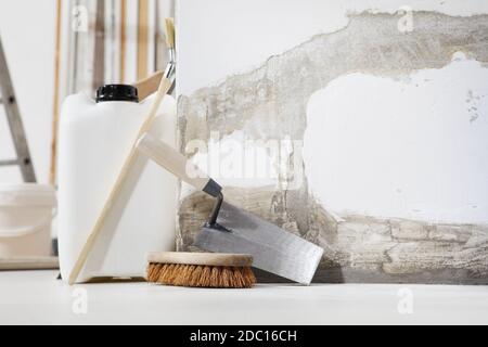 Primo piano vista frontale di muratore, intonaco o pittori di casa su pavimento bianco con primer jerry può in casa sito di ristrutturazione con spazio copia Foto Stock