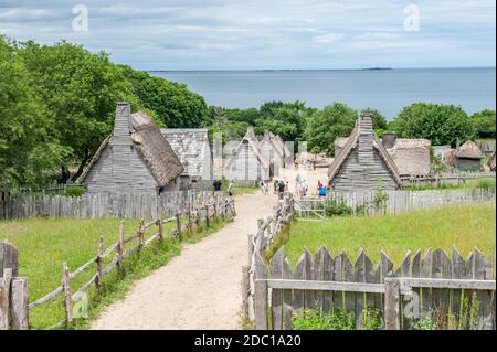 Piantagione di Plymouth. Questo museo all'aperto riproduce l'insediamento originale della colonia di Plymouth, dove si tenne il primo Ringraziamento. Foto Stock