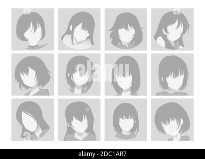 Vector Big Set of ANIME Faces with Hair. Icone grigie piatte delle ragazze per il Web e il cellulare. Profilo Avatar segnaposto predefinito su sfondo grigio. Grigio Illustrazione Vettoriale