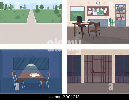 Set di illustrazioni vettoriali a colori piatte per stazioni di polizia Illustrazione Vettoriale