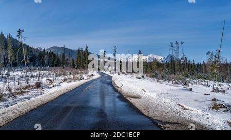 Strada asfaltata nera circondata da neve e foreste che conduce alla catena innevata dei Monti Tatra in inverno, Bukowina Tatrzanska, Polonia Foto Stock