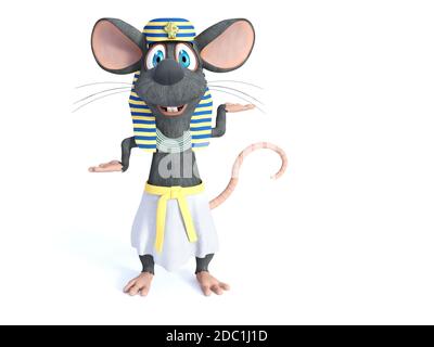 Rendering 3D di un simpatico mouse fumetto sorridente vestito in un antico stile egiziano. Sfondo bianco. Foto Stock