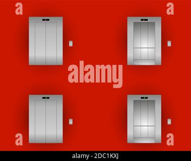 Moderne porte dell'ascensore in metallo aperte e chiuse. Interni della hall in colori grigi. Ascensore Vector Metal all'esterno e all'interno su sfondo rosso. EPS 10 Illustrazione Vettoriale