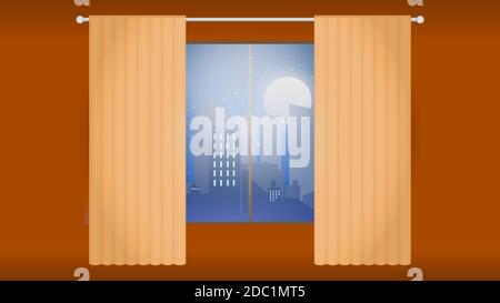 Vista della città moderna di notte dalla finestra con tende. Si accende nella stanza. Paesaggio urbano moderno, skyline. Illustrazione vettoriale in stile piatto Illustrazione Vettoriale