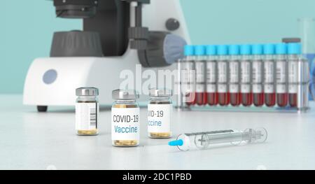Vaccino Covid-19 in laboratorio. Farmaco per coronavirus in bottiglie. Trattamento per coronavirus prodotto in laboratorio. Rendering 3D. Foto Stock