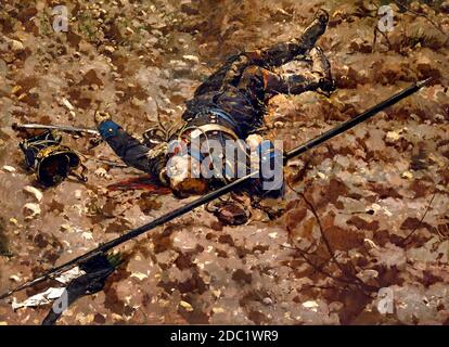 Morto Uhlan 16 reggimento (Altmark) e cruissier dal 7 ° reggimento, di von Bredow Brigade. Jean-Baptiste Édouard DETAILLE, 1848 – 1912, Alphonse de Neuville, 1835-1885, Francia, francese, tedesco, Germania, ( Battaglia di Rezonville agosto 1870 ) Foto Stock