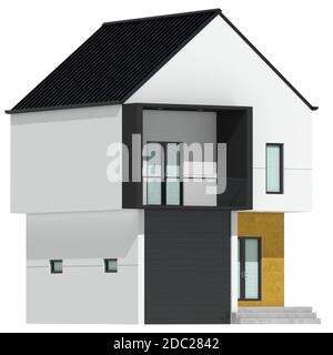 Rendering 3D di casa moderna accogliente con garage. Isolato su bianco. Foto Stock