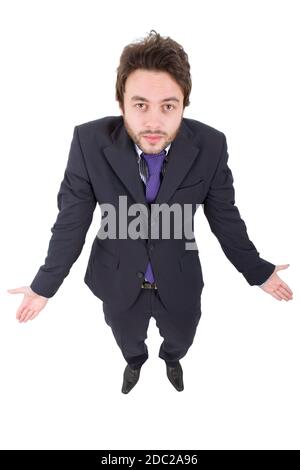 Imprenditore in attesa, corpo pieno isolati su sfondo bianco Foto Stock