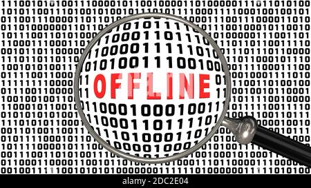 OFFLINE - scritta rossa visualizzata in una lente di ingrandimento davanti a uno schermo bianco pieno di codice binario nero Foto Stock