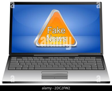 Computer portatile con cartello arancione Fake News sul desktop blu - illustrazione 3D Foto Stock